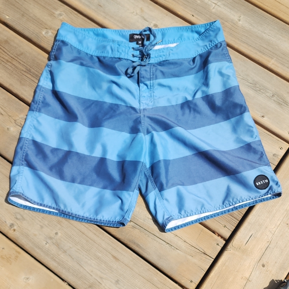 (34) Blue Board Shorts with Bold Stripes Drawstring Waist Surf Beach Vacation